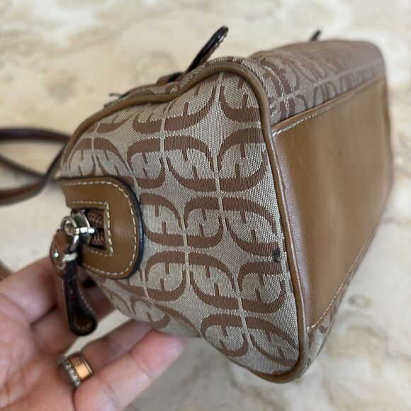 Fossil Khaki Beige Signature Canvas Brown Leather Small Satchel Shoulder Bag - Picture 10 of 16